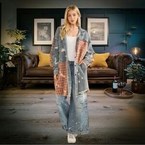 Oli & Hali XL Patchwork Denim Hooded Jacket Frayed Edge Plaid Oversized